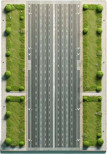 single large vertical road with no vehicles. similar to road fighter. grey color with pavement and grass on the side. orthographic top view.