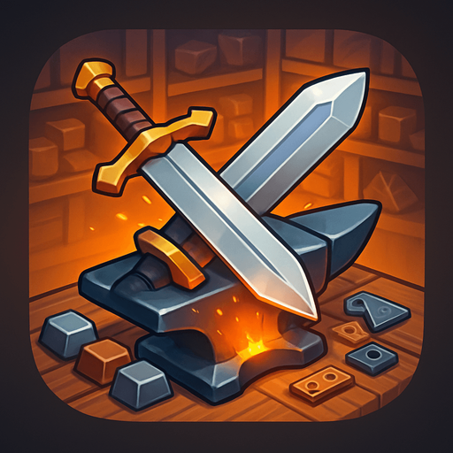 Modern App Store icon, high definition, square with rounded corners, for a game titled "Forge & Craft: Sword Smithy" and with the description "Craft unique swords at your anvil workshop. Combine materials and components on your crafting table to forge powerful blades and build your collection.". No text on icon!
