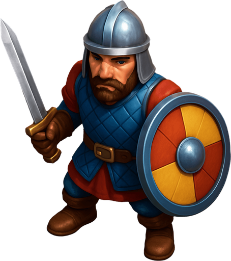 Kılıç ve kalkanlı çağı saldırı askeri, Gerçekçi, kuş bakışı görünüm, yazısız..
In-Game asset.  High contrast.  No shadows, renkli 3d olsun.