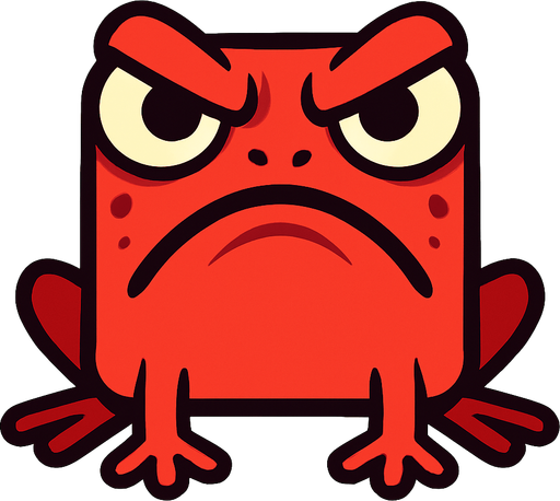 an angry isometric red square bullfrog character for a casual mobile game, facing the camera directly.
In-Game asset.  2d.  High contrast.  No shadows