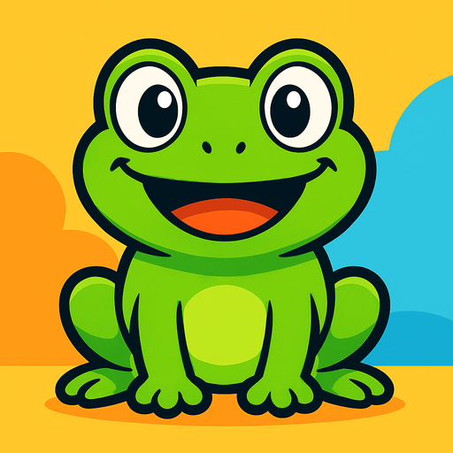 “A cute cartoon-style frog character for a mobile game. Bright green skin, big round eyes, wide smiling mouth, small chubby body, sitting or standing upright. Friendly and playful expression, simple colorful background. High-quality digital illustration, perfect for a fun kids game.”.
In-Game asset.  2d.  High contrast.  No shadows. cartoon style