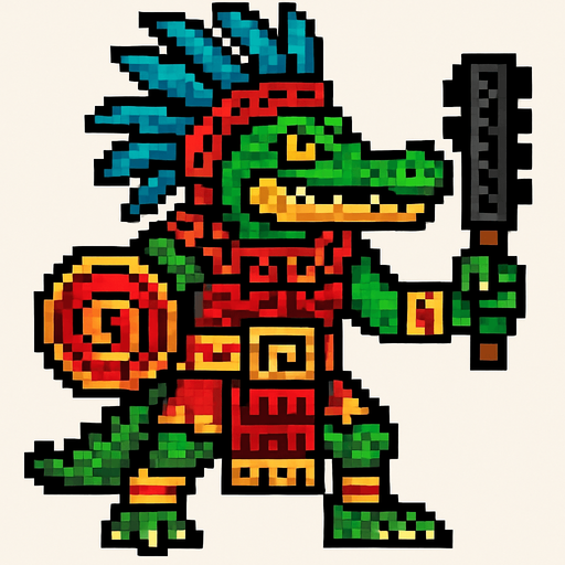 Generame un guerrero azteca con patrones, estilo pixelar, ademas sera un Caimán llanero humanoide..
In-Game asset.  2d.  High contrast.  No shadows