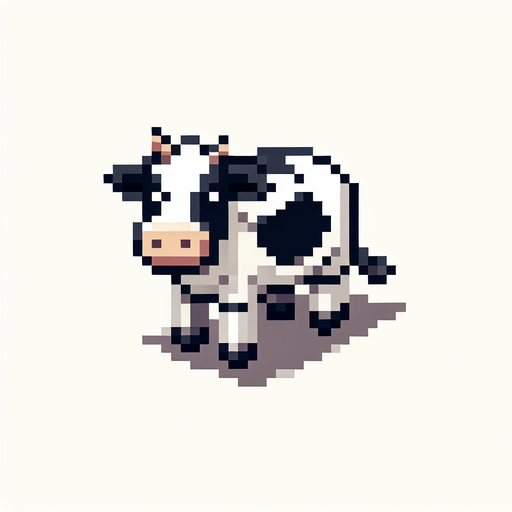 top down view of a pixel art cow.
Single Game Texture.  In-Game asset.  2d.  Blank background.  High contrast.  No shadows