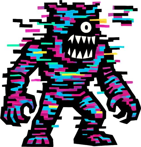 Glitch audio personificado como un enemigo.
In-Game asset.  2d.  High contrast.  No shadows