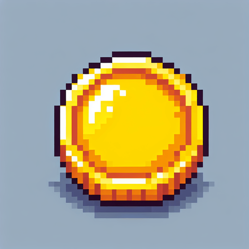 simple pixel art coin and yellow.
Single Game Texture. In-Game asset. 2d. Blank background. High contrast. No shadows.