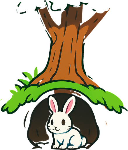 gambar 2d anime kelinci hare menunggu dalam lubang tanah di bawah pohon dalam hutan.
In-Game asset.  2d.  High contrast.  No shadows