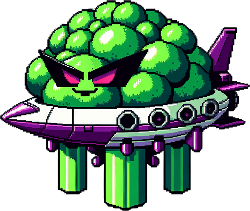 an evil broccoli airship.
Single Game Texture. In-Game asset. 2d. Blank background. High contrast. No shadows. 8bit