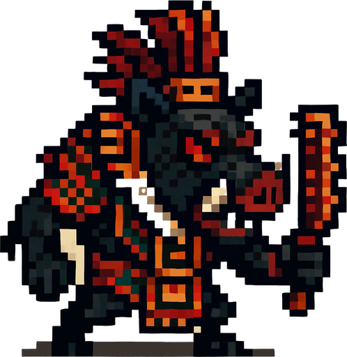 Genérame una Pecari de collar guerrero azteca con eso patrones, estilo pixelar, con una apariencia maligna, ojos rojos, rabioso. Unidad cuerpo a cuerpo.
In-Game asset.  2d.  High contrast.  No shadows