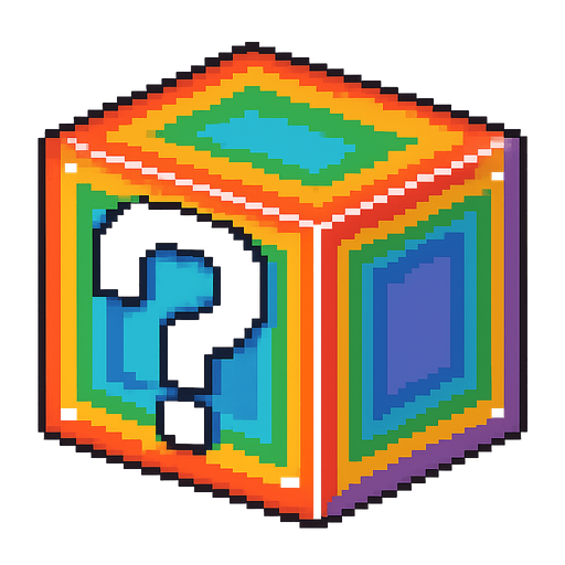 Caja de  Interrogación  alcoiris de líneas blancas estilo pixel art. No background. Transparent background. Blank background. No shadows. 2d. In-Game asset. flat