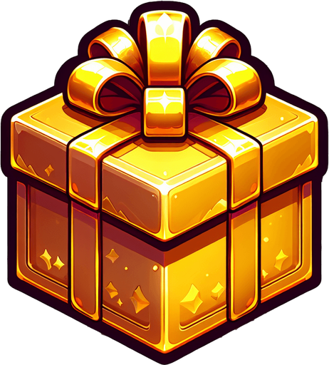 super christmas present, golden, cartoon Single Game Texture. In-Game asset. 2d. Blank background. High contrast. No shadows.