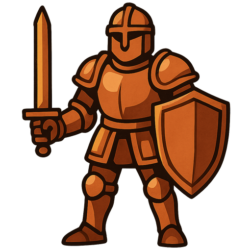 Human with copper Armor, a copper sword and shield.
In-Game asset.  2d.  High contrast.  No shadows