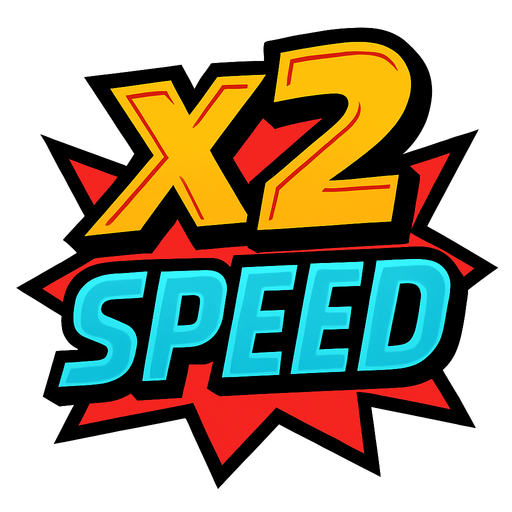 Display icon that says X2 speed sci fi comic style font.
In-Game asset.  2d.  High contrast.  No shadows
