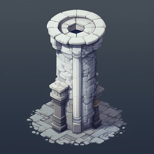 Single Short round Isometric dungeon column, simple, few stones, single column, no floor, dark room, Single Game Texture. In-Game asset. 2d. Pixelart. White background. Blank background. Low detail. High contrast.