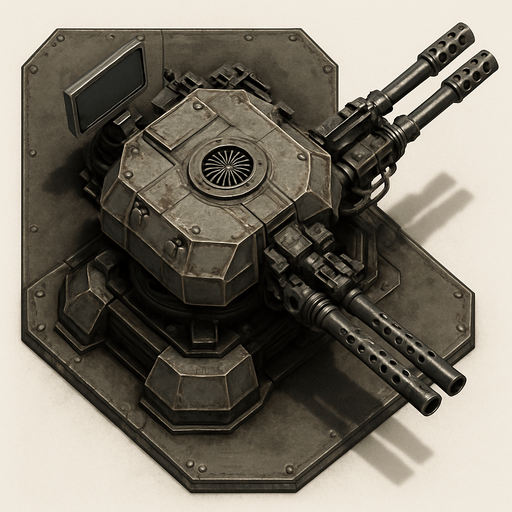 Namusu olmayan Teknolojik askeri saldırı kulesi, üstten görünüm, gerçekçi, yazısız.
In-Game asset.  High contrast.  No shadows