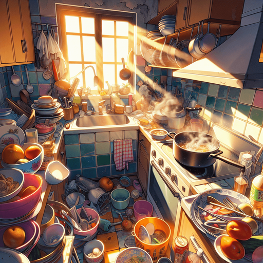 dağınık bir mutfak, odanın içinden görünüm. 3d renkli anime, çizgi film