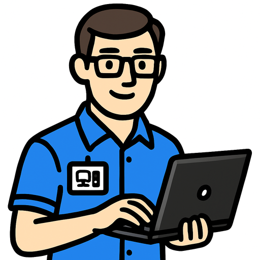 Mavi gömlekli bilgisayar teknikeri personeli.
In-Game asset.  2d.  High contrast.  No shadows