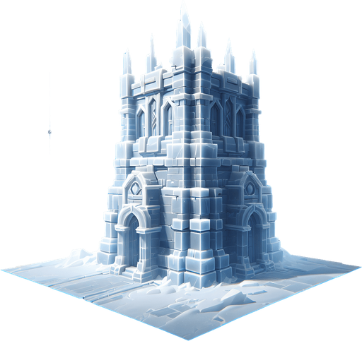 A turret tower built of ice blocks. Front view perspective. Single Game Texture. In-Game asset. 2d. Blank background. High contrast. No shadows.