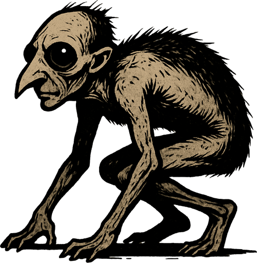 The image depicts a strange, humanoid creature with an unusual and unsettling appearance. It has a small, elongated head with a pointed nose and large, dark eyes that seem to bulge slightly. The creature has sparse, dark hair on its head, which appears messy and uneven. Its body is thin and frail, covered with patchy, coarse hair across its back and sides. The creature is crouched on all fours, with long, thin arms and legs that bend awkwardly. Its skin looks pale and wrinkled, and it has a hunched posture, as if it is crawling or moving slowly..
In-Game asset.  2d.  High contrast.  No shadows