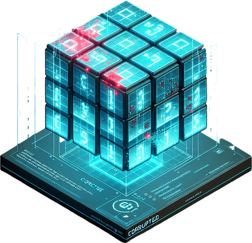 Design an isometric 3D holographic cube resembling a Rubik's cube. The cube should display the top face and two adjacent side faces, each divided into a 3x3 grid of cells. Each cell must contain either a '1' or a '0' in a glowing cyan-blue monospace font, visible on all three faces. A few specific cells across the cube should stand out with their binary digits ('1' or '0') highlighted in bright red.

To indicate corruption, overlay the cube with subtle glitch effects, such as flickering segments, static noise, and distorted gridlines. Add a small glowing text label floating near the cube that reads 'CORRUPTED' in bold red, with a slight flicker or distortion to enhance the corrupted feel. Ensure the cube retains its holographic aesthetic with a soft cyan glow, suspended in mid-air, projecting from a base below with ambient lighting and sci-fi effects.
Single Game Texture. In-Game asset. 2d. Blank background. High contrast. No shadows.