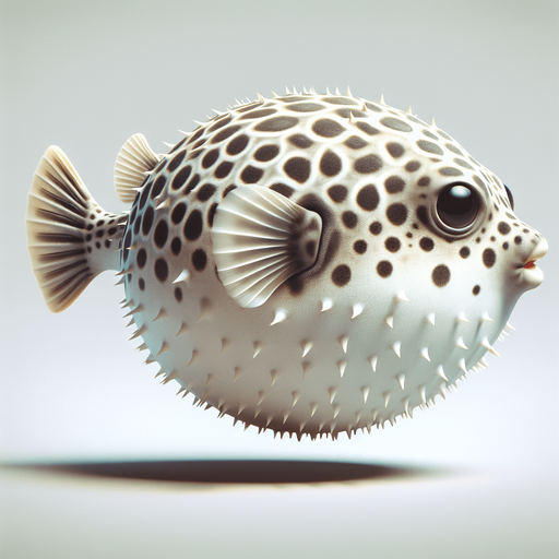 A realistic pufferfish swiming to the right.
Single Game Texture. In-Game asset. 2d. Blank background. High contrast. No shadows.