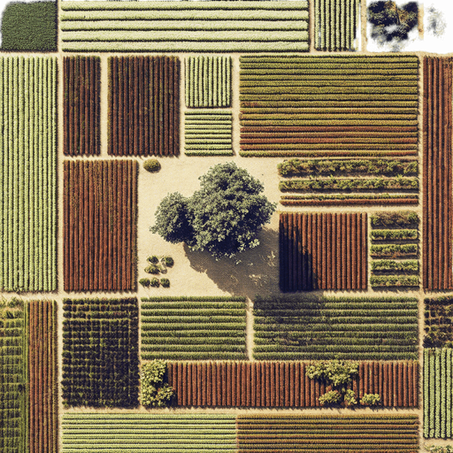 The same image, but in a lush and green setting, where grass is growing in all the fields