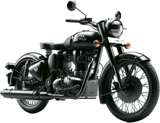 Royal Enfield bullet in black colour and full realistic.
Single Game Texture. In-Game asset. 2d. Blank background. High contrast. No shadows.