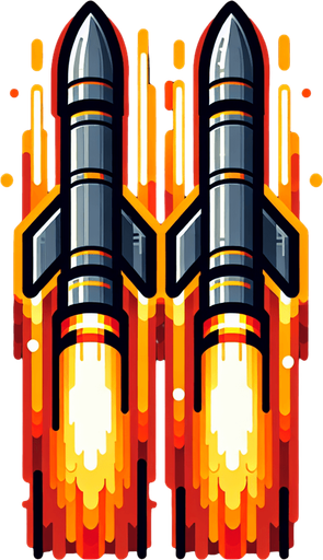 a double missile pointing vertically, with fire coming out of the rear
Single Game Texture. In-Game asset. 2d. Blank background. High contrast. No shadows.