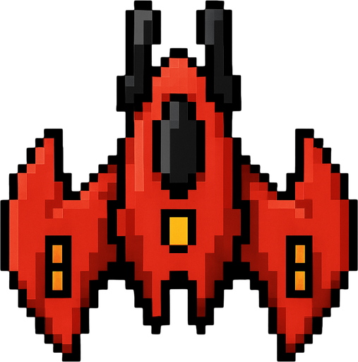 Enemy spaceship top down 2d pixilated and looking downwards.
In-Game asset.  2d.  High contrast.  No shadows