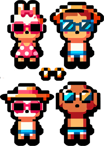 5 cartoon 8 bit beachy characters.
Single Game Texture. In-Game asset. 2d. Blank background. High contrast. No shadows.