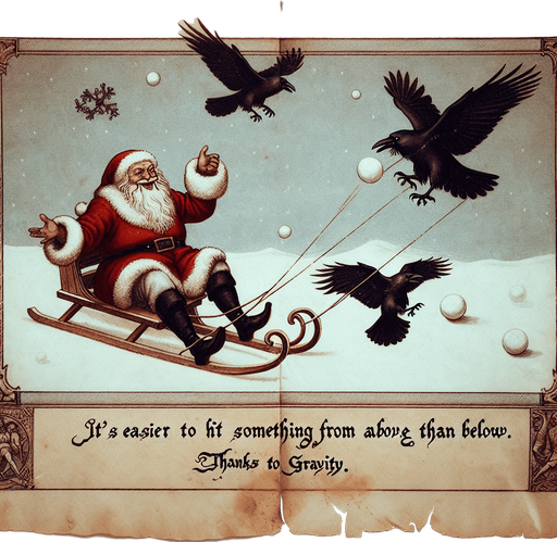 a pergament with santa on a sledge and his flying reindeers throwing a snowball to a raven. There is the text: "Its easier to hit something from above than below. Thanks to gravity."