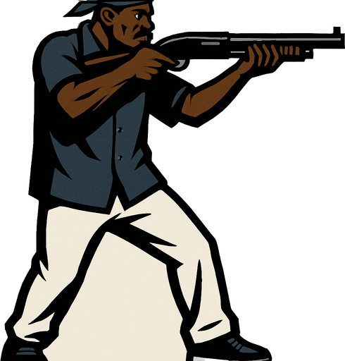 un pandillero negro con camisa azul oscuro y pantalon blanco usando una escopeta con la perspectiva lateral de cuerpo completo.
In-Game asset.  2d.  High contrast.  No shadows