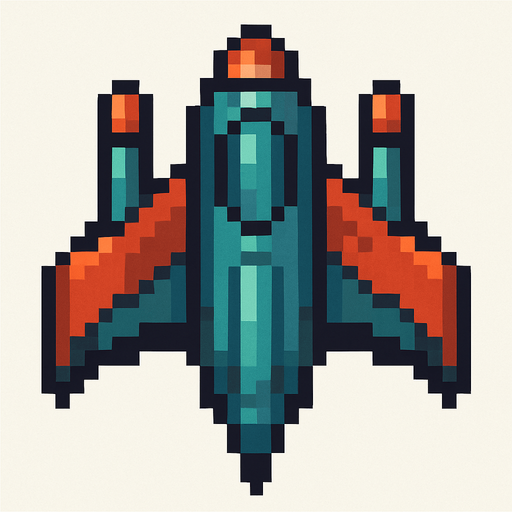 aşağı doğru bakan pixel art bir uzay gemisi.
In-Game asset.  2d.  High contrast.  No shadows