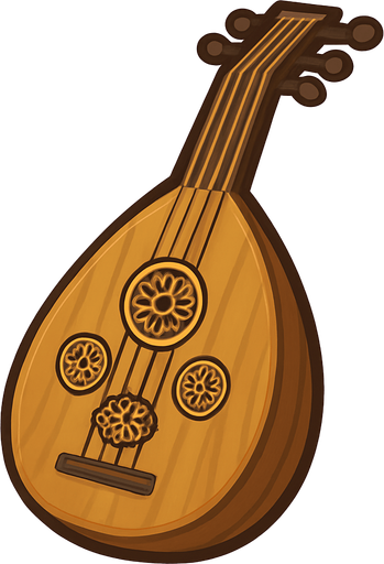 A clean, stylized 2D illustration of a traditional Middle Eastern oud instrument. The body should be teardrop-shaped with a wooden texture, 5–6 tuning pegs, and ornate sound holes. The image should have a warm, earthy color palette (browns and golds) with soft shadows and a clear outline. Designed in cartoon or flat vector style, suitable for mobile games. Export as a transparent background PNG, so it can be placed over any UI or background. Should be visually clear even at small sizes..
In-Game asset.  2d.  High contrast.  No shadows