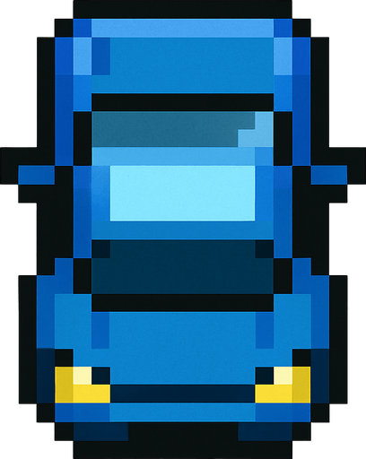 Blue car 2d pixilated topdown.
In-Game asset.  2d.  High contrast.  No shadows