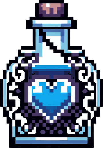 gothic pixel art potion with a blue heart symbol
Single Game Texture. In-Game asset. 2d. Blank background. High contrast. No shadows.
