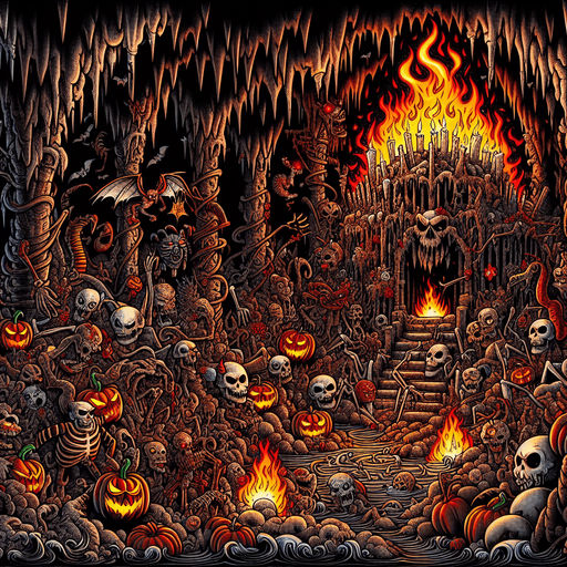 Generate a high quality cartoon background Halloween image on a black canvas similar to the format of where is waldo with a hellish environment.
Single Game Texture. In-Game asset. 2d. Blank background. High contrast. No shadows.