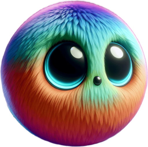 Round furry, cute alien ball with big eyes. vivid colours, looking at 45 degrees to the right.
Single Game Texture. In-Game asset. 2d. Blank background. High contrast. No shadows.