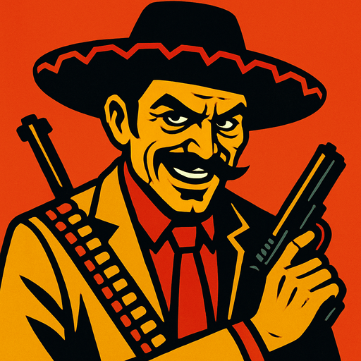 Draw me a criminal, mischievous cunning man who looks like a malevolent Mexican cartel.
In-Game asset.  2d.  High contrast.  No shadows