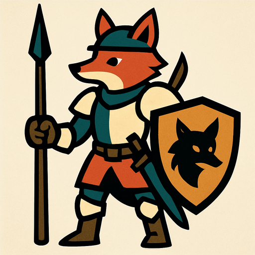 caballero zorro, con escudo y lanza.
In-Game asset.  2d.  High contrast.  No shadows