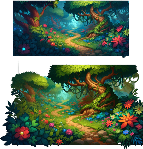 Enchanted forest.
Single Game Texture. In-Game asset. 2d. Blank background. High contrast. No shadows.