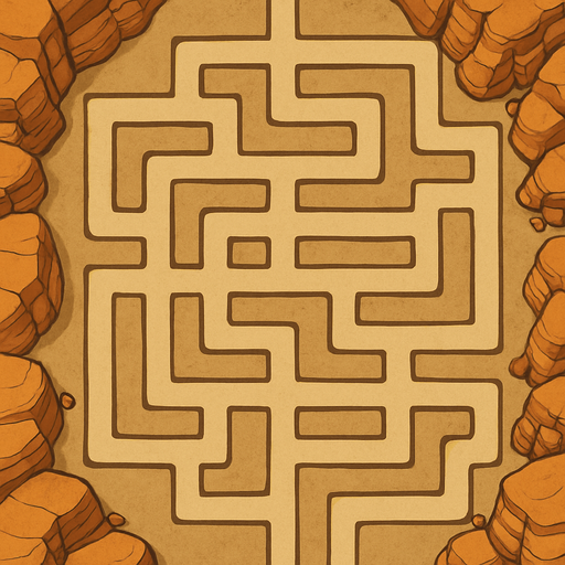 Top-down map asset for a TD game. Imagine a single, contiguous ribbon laid across a canyon floor; this ribbon is the path. It is a unicursal maze, meaning it's a single, non-branching route that twists through the map in a complex, grid-like pattern. The path has absolutely no junctions or alternative routes. The path starts at the top-middle edge and the very same path ends at the bottom-middle edge. The path is flanked by wide, flat, sandy plateaus that are completely barren for building. The map is framed by large, decorative sandstone formations pushed to the far edges, which do not intrude on the central play area. Semi-realistic style. --no towers, no buildings, no characters, no junctions.
In-Game asset.  2d.  High contrast.  No shadows