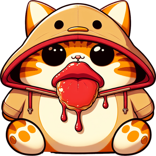 The character in the image is a cartoon-style, orange tabby cat with noticeable stripes. It has a round face, big black eyes covered by oversized, round, dark opaque sunglasses, and a prominent, exaggerated red pout in the shape of a duck's bill that stretches across the entire width of its face. The cat's body is smaller in comparison to its head, giving it a cute, chubby appearance. It's wearing a simple, light-colored hoodie with a drawstring. On its head, rather humorously, sits a pancake, serving as an unconventional hat, with syrup artfully dripping down its sides. The cat sits with its paws visible in front, showing a relaxed posture. The overall style is playful and whimsical, perfect for a casual mascot or a character in a children's book..
Single Game Texture. In-Game asset. 2d. Blank background. High contrast. No shadows.