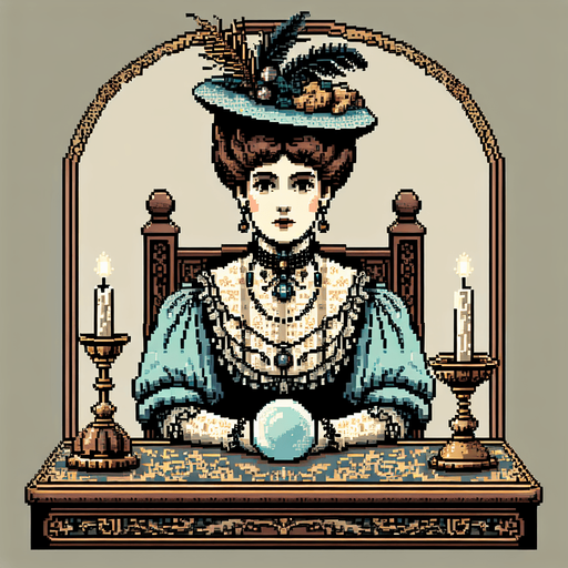 Madam curio sits in front of you. She is an Edwardian era fortune teller. She is seen from the waist up in front of an ornate table.. Single Game Texture. In-Game asset. 2d. Blank background. High contrast. No shadows. Full color pixel art..
Single Game Texture. In-Game asset. 2d. Blank background. High contrast. No shadows.