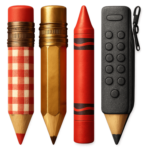 sprites to change the pencil skin. example: picnic mat pencil, golden pencil, red crayon, TV remote control pencil and a pencil case.