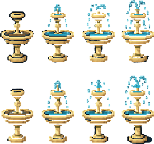A sprite sheet for a small standing tiered fountain. Sprites for water animation and one with no water. Retro pixel art..
In-Game asset.  2d.  High contrast.  No shadows