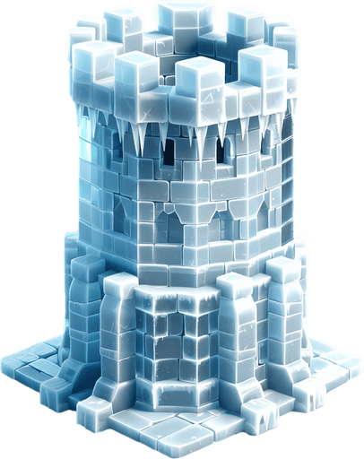 A turret tower built of ice blocks. Front view perspective. Single Game Texture. In-Game asset. 2d. Blank background. High contrast. No shadows.