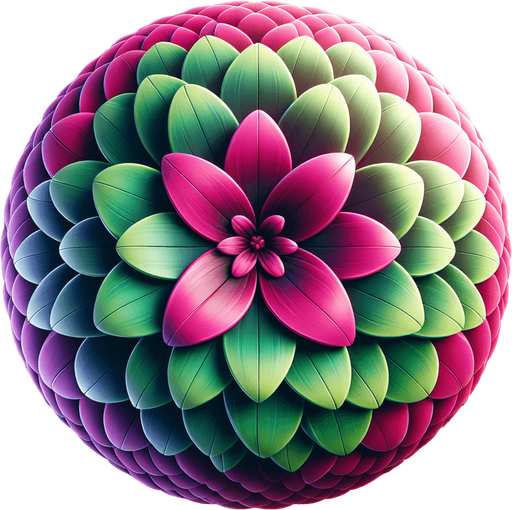 A round magenta and green flower. Top down view.
Single Game Texture. In-Game asset. 2d. Blank background. High contrast. No shadows.