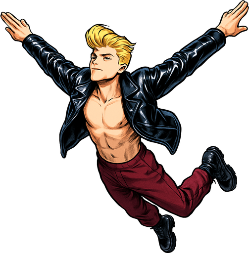 Swishy graceful man Cyberpunk manga, flying skydiving arms and legs flat straight face up, shiny black leather biker jacket longsleeves shirtless Skinny abs blonde pompadour guy, action shot wine red joggers combat boots, Background removed, "Full-body character, entirely in frame, no cropping of face, head, or feet" "Complete character visible, from head to toe, fully centered in the image" "Entire character, including face and boots, fully within the frame" Character fully contained within a square frame, no edges cut off fashion model pose