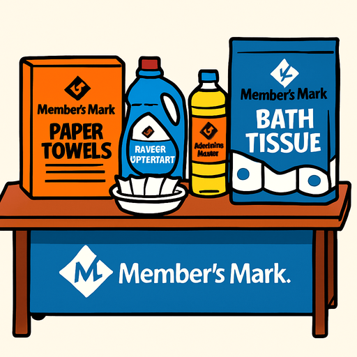 Una mesa de un demostrados, con productos members mark..
In-Game asset.  High contrast.  No shadows