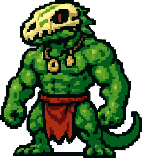 Lagarto furry fuerte sin camisa y con taparrabos, que en la cara lleve un cráneo de otro lagarto, que lleve colgantes y que sea pixeleado.
In-Game asset.  2d.  High contrast.  No shadows